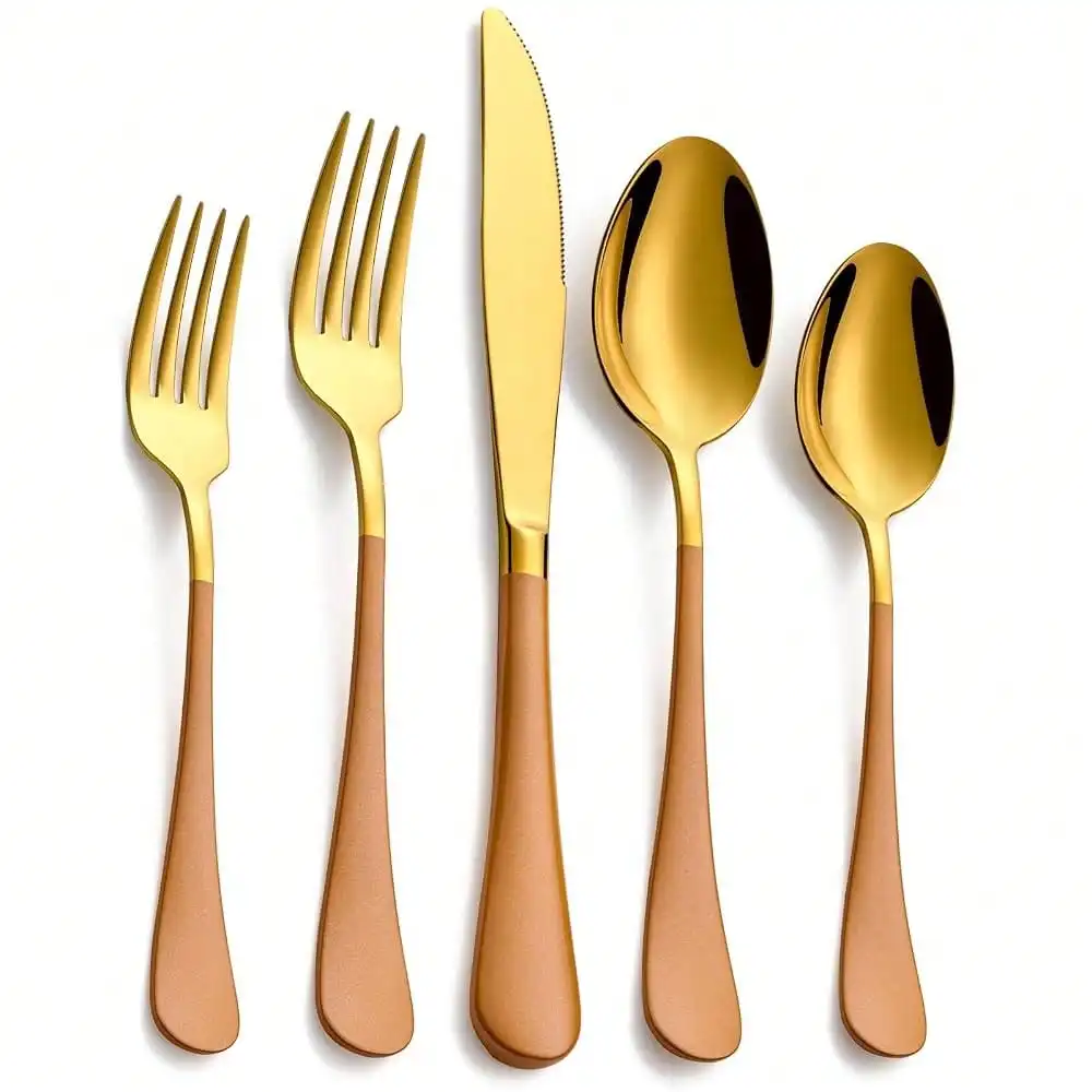 20-Piece Orange & Gold Silverware Set, 18/0 Stainless Steel Colorful Handle Flatware Set,Service For 4,Modern Cutlery Set Includes Dinner Knives Forks Spoons,Mirror Polished,Dishwasher