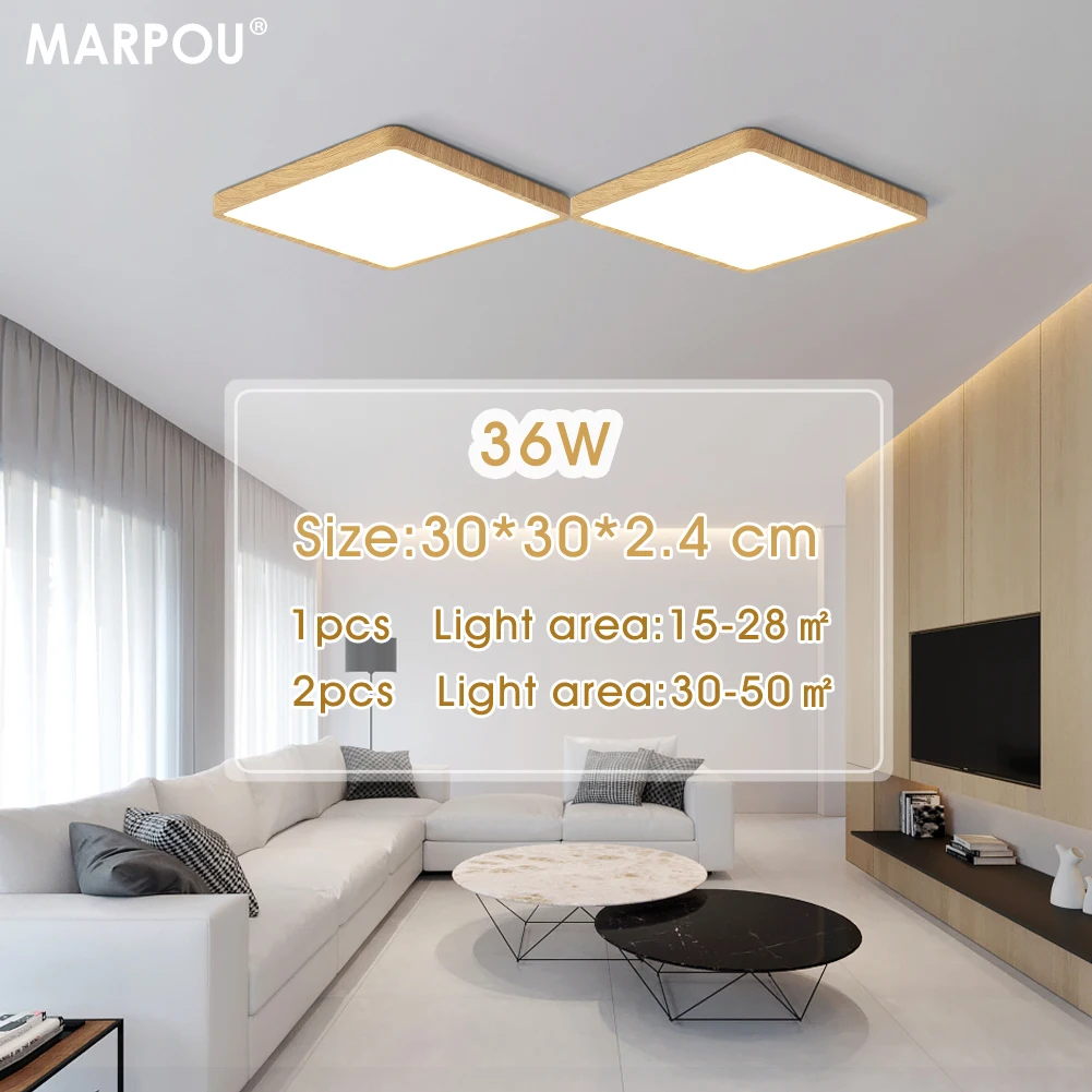 MARPOU Tuya Smart LED Ceiling Lamp Wood Grain App Voice Control Alexa/Google Remote Control Square Ceiling Lights Living Room