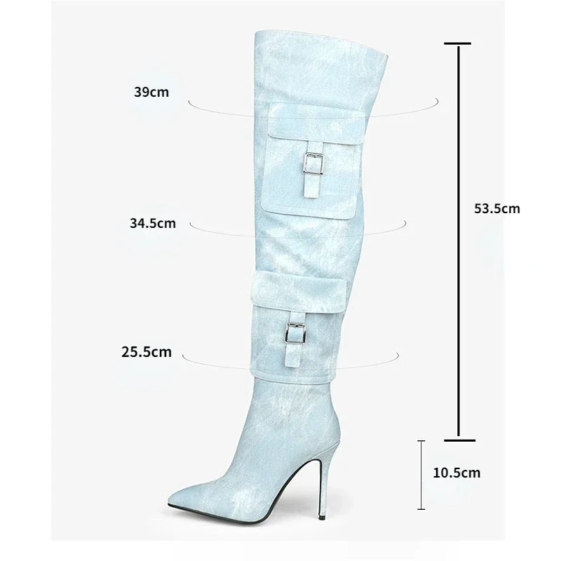 

2023 New Winter Denim/pu Over-the-knee Women's Boots Warm Short Plush Long Boots Pointed 10.5cm High Heels 35-45size Woman Shoes