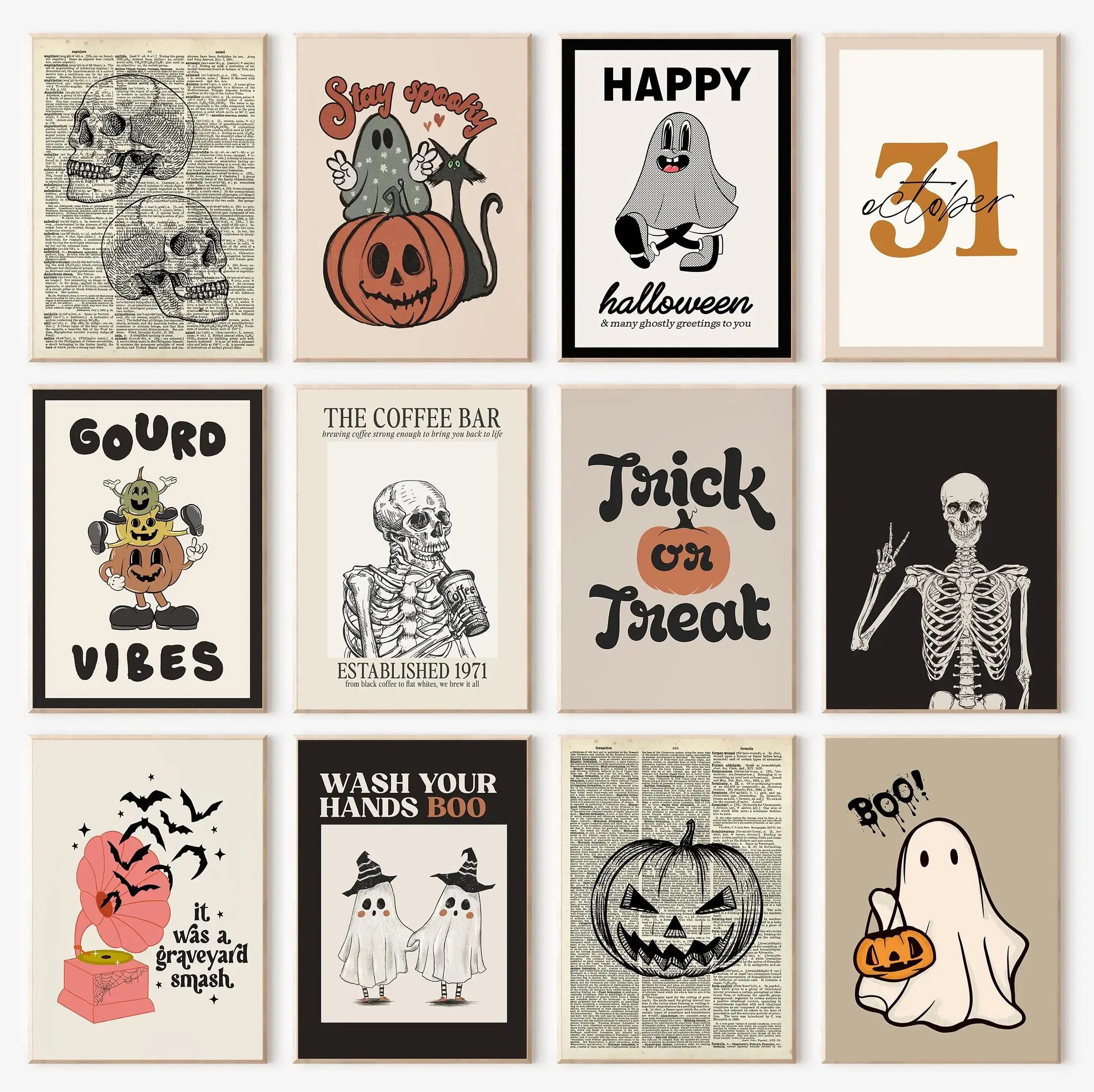 Nordic Nette Cartoon Schädel Geist Halloween Abstrakte Retro Poster Drucke Leinwand Malerei Wand Kunst Bild Wohnzimmer Wohnkultur