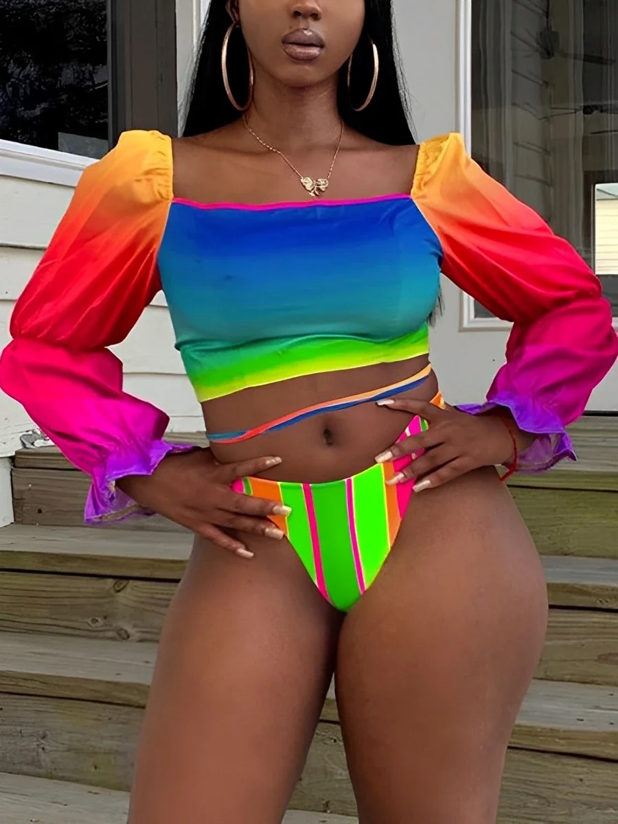 

Colorful Long Sleeves Swim Suit Square Neck 2 Pieces Swimsuit 2024 Rainbow Print Swimwear Women Bathers Bathing Swimming Suit