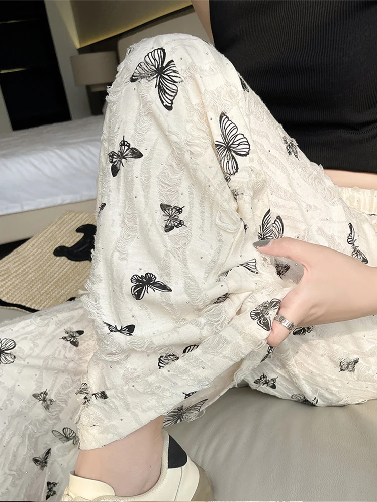 HOUZHOU Y2K Harajuku Butterfly pantaloni a gamba larga per le donne Hole Streetwear pantaloni dritti a vita alta donna strass estate