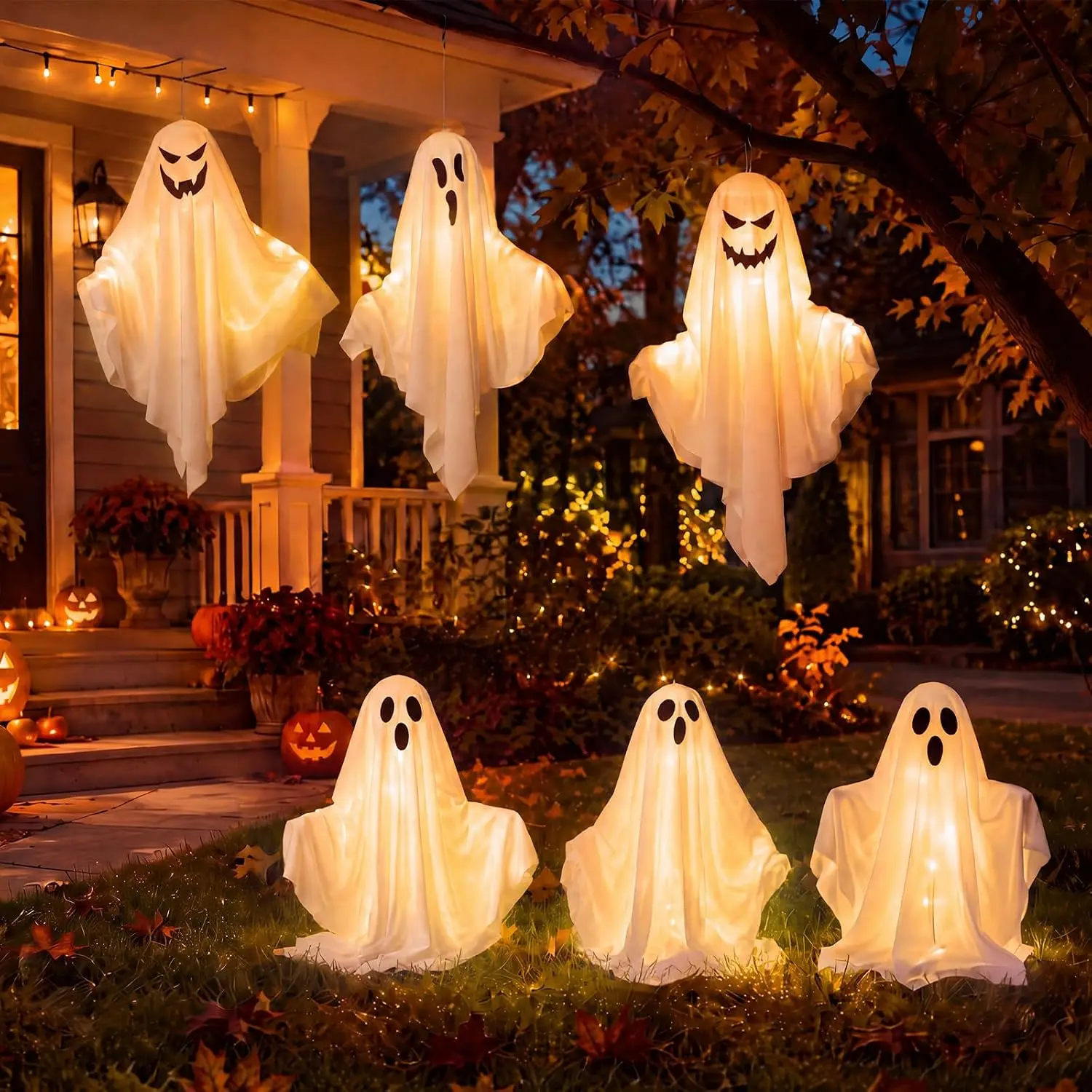 Halloween Solar Ghost Lights Outdoor Set Six Pieces Stake Hanging Tree Pathway Yard