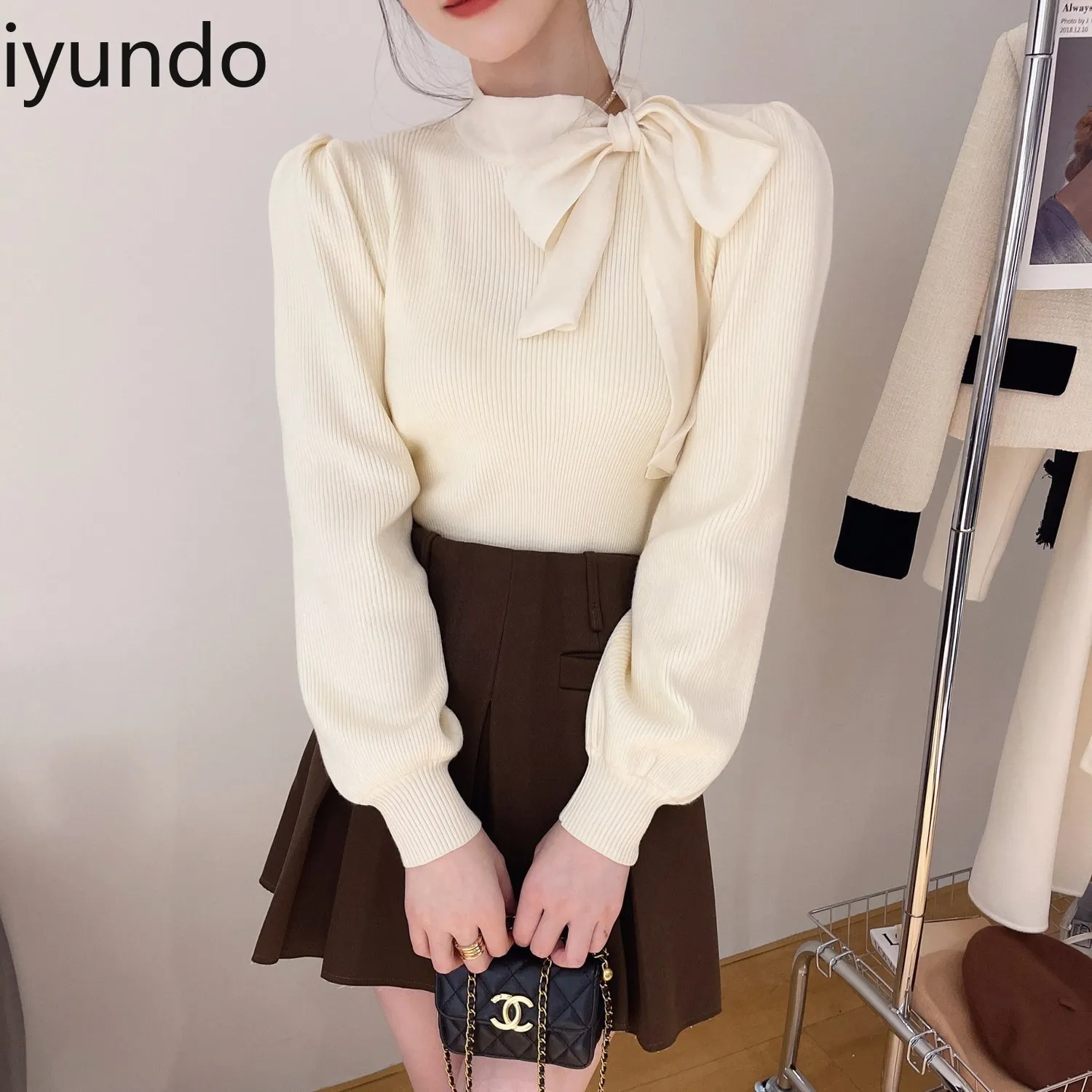 フレンチハーフネックニットトップス、ボウ付き - 韓国風スイートフローラルセーター、レディースシックカジュアルウェア、エレガントな長袖ブラウス