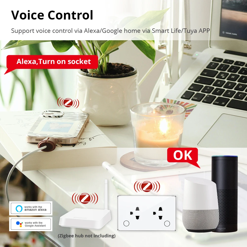 Yagusmart Zigbee Smart Socket Vietnam Standard 2 Gang Smart Outlets Electricity Statistics Alexa Google Home Voice Control