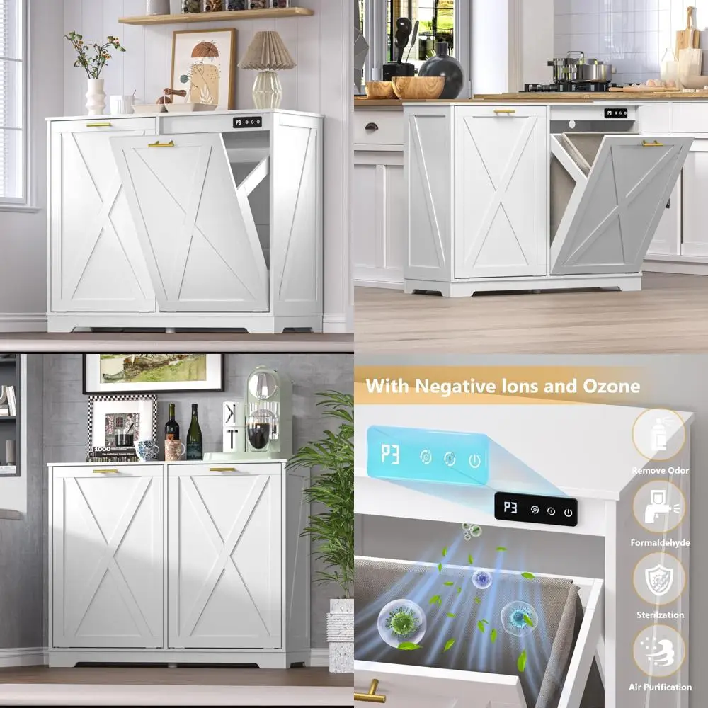 

Double Bin Tilt-Out Trash Cabinet with Recycle Enclosure, Wooden Laundry Bin Cabinet, Odor-Controlled Garbage Storage Solution