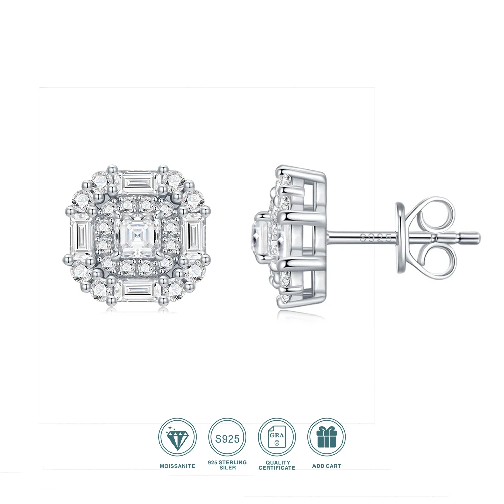 JIUZUAN S925 Sterling Silver Moissanite Stud Earrings for Women Vintage Emerald Cut Multi Layer Halo Design Elegant Jewelry