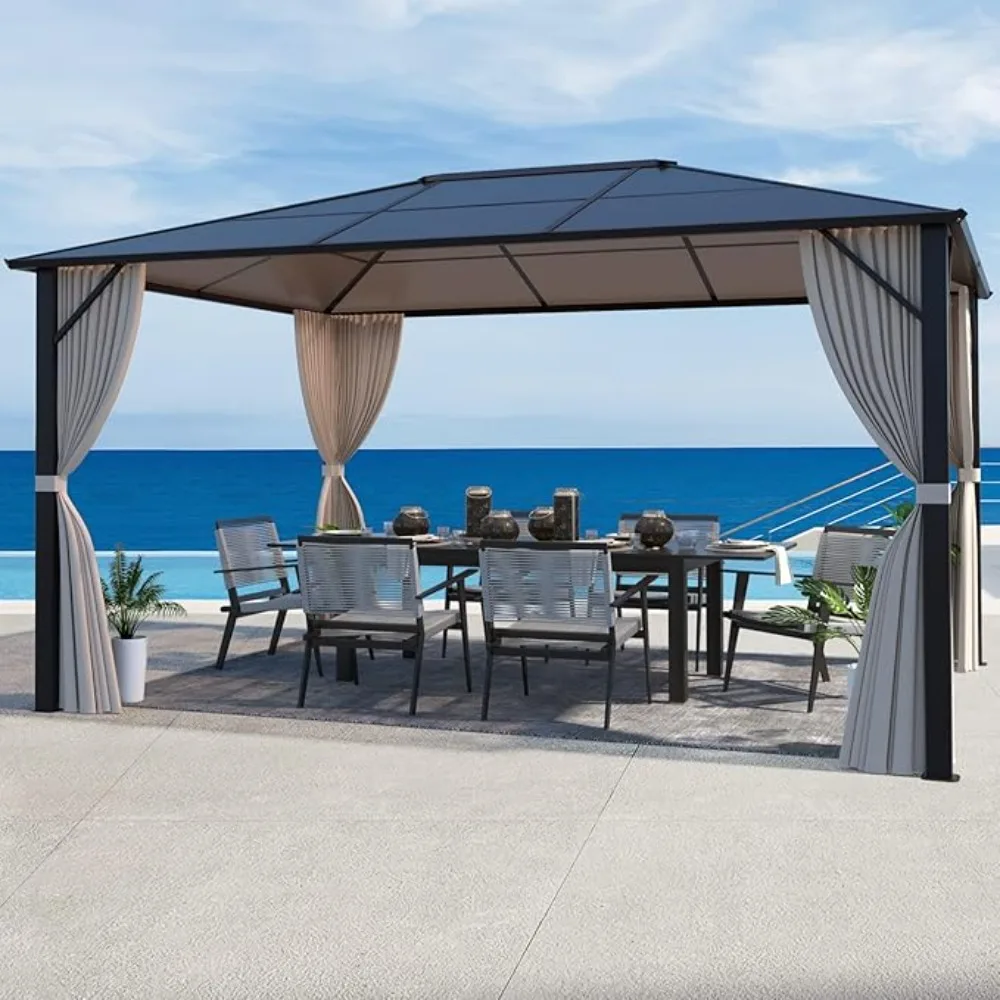 

10' x 12'Gazebo Polycarbonate Double Roof Canopy Outdoor Aluminum Frame Pergolas with Netting and Curtains for GardenPatio Lawns