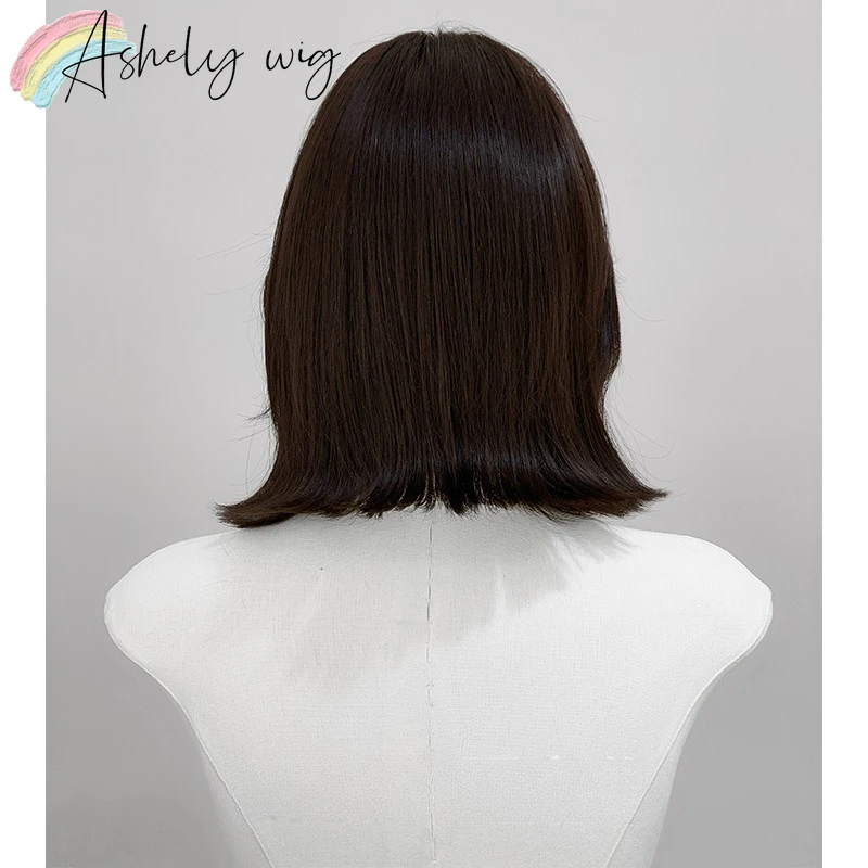 Ashely Black Short Wig for Women 14inch Cute Reversed Ends Synthetic Wigs with Bangs High Quality Lolita Wigs for Daily Use 가발
