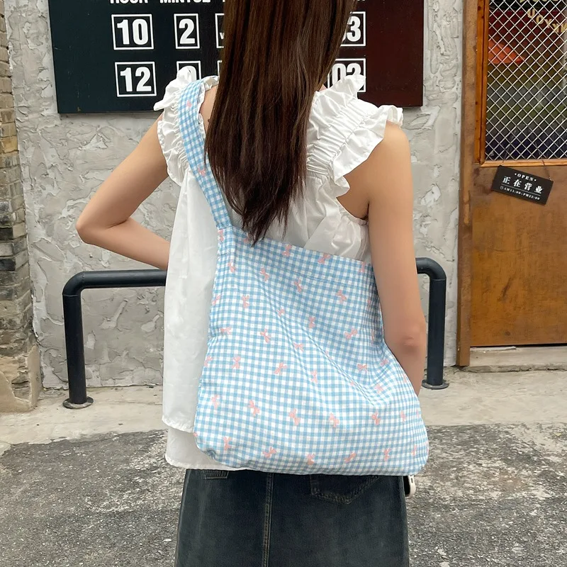 Candy Color Plaid Women\'s Shoulder Bags Large Capacity Women\'s Shopping Bag Cute Bowknot Female Travel Handbags Book Tote Purse