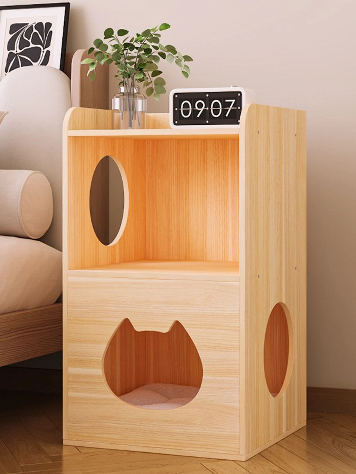 villa-en-bois-double-pour-animaux-et-humains-integree-a-l'interieur-avec-lit-table-de-chevet-et-armoire-abri-utilisable-quatre-saisons