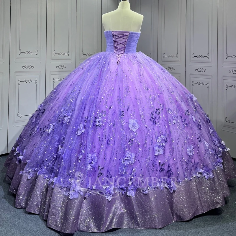 Lavender Shiny Princess Off the Shoulder Sweet 16 Dress Quinceanera Dresses Applique Flower Beading Tull Party Birthday Vestidos