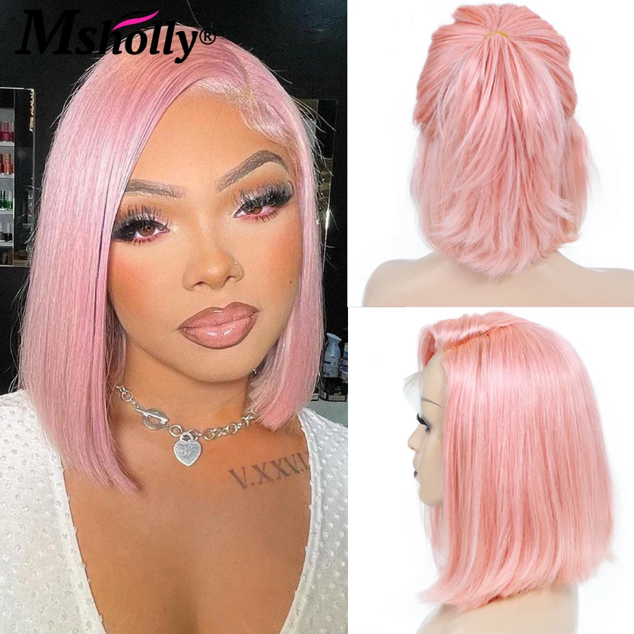 Pink Short Bob Human Hair Wig For Women Colored Bob Wig 180% Density 13x4 Transparent Lace Front Wig Straight Brazilian Remy Wig