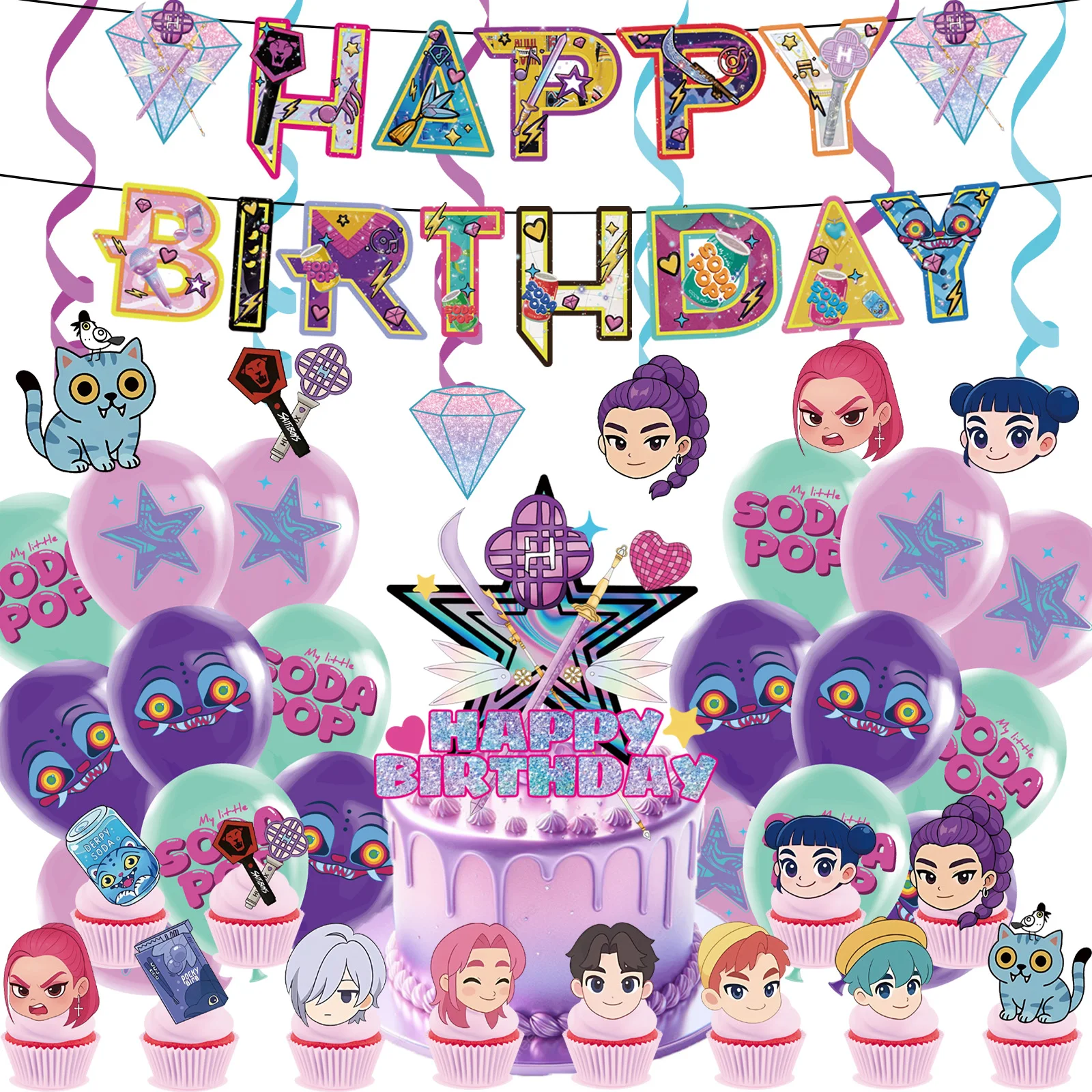 ك البوب شيطان الصيادين موضوع حفلة عيد ميلاد خلفية راية كعكة توبر بالونات استحمام الطفل للأطفال حفلة عيد ميلاد المورد هدية