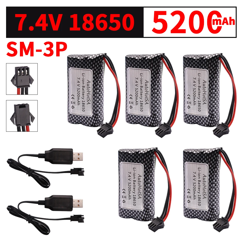 Upgrade 7.4V 5200mAh Li-ion Battery SM-3P Plug With USB Charger For MN82 MN128 MN78 LC79 Remote Control Car Battery 2S 18650 20C