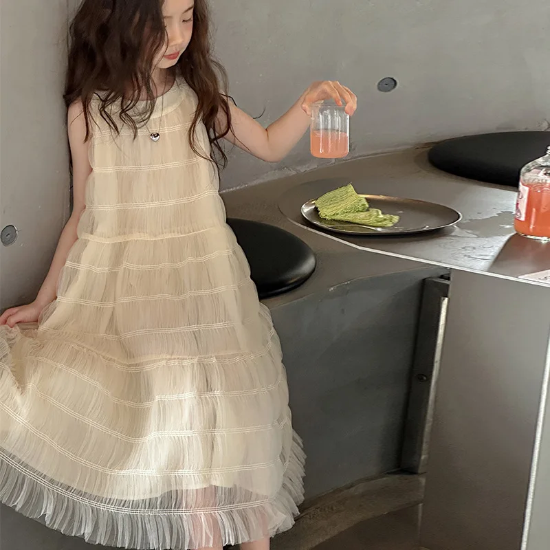 Girls Skirt French Gauze Dress Children Summer Sleeveless Simple Western Style Little Girl Princess Dress Everything Skirt