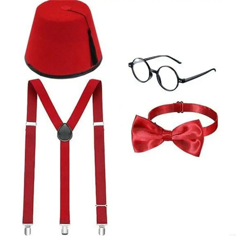 

2025 New 4PCS Adjustable Suspenders Bowtie Glasses Fez Tarboosh Hat Set for Men Moroccan Theme Party Costume Set and Accessory
