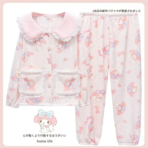 My Melody Women Pajamas Set Winter Flannel Sleepwear Cute Lace Collar Homewear Loungewear For Women Girls