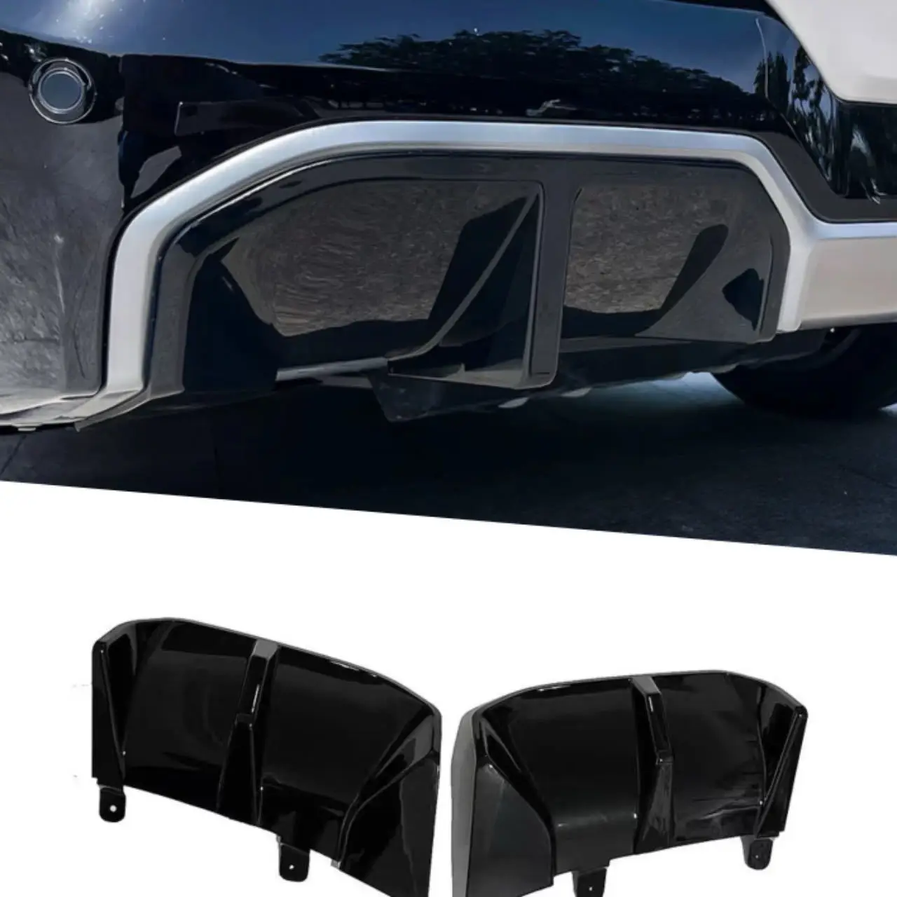 Für BMW iX3 Elektro 2021-2024 2-teiliger Heckdiffusor aus ABS-Kunststoff in Hochglanz-Schwarz