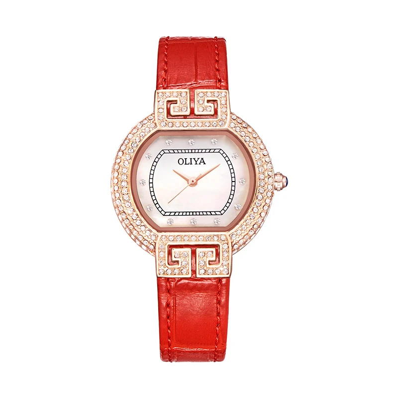 Relojes elegantes de circón para mujer, reloj de cuarzo decorativo de cuero, resistente al agua, estrella de la suerte, a la moda
