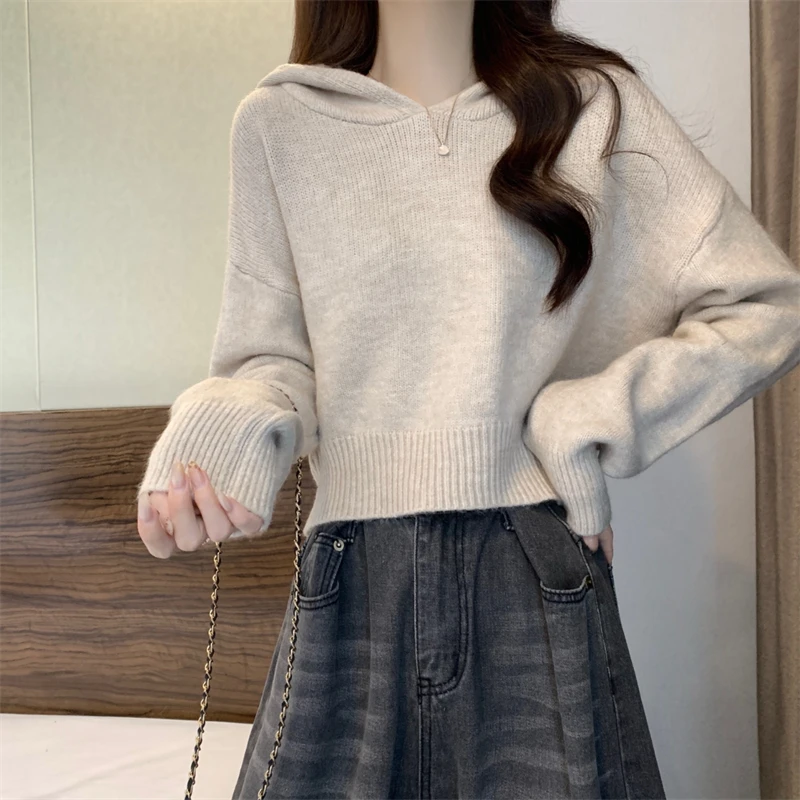 2025 Autumn Short Knitted Hoodies for Women Y2K Simple Solid Color Warm Knitwear Korean Vintage Versatile Hooded Pullovers Woman