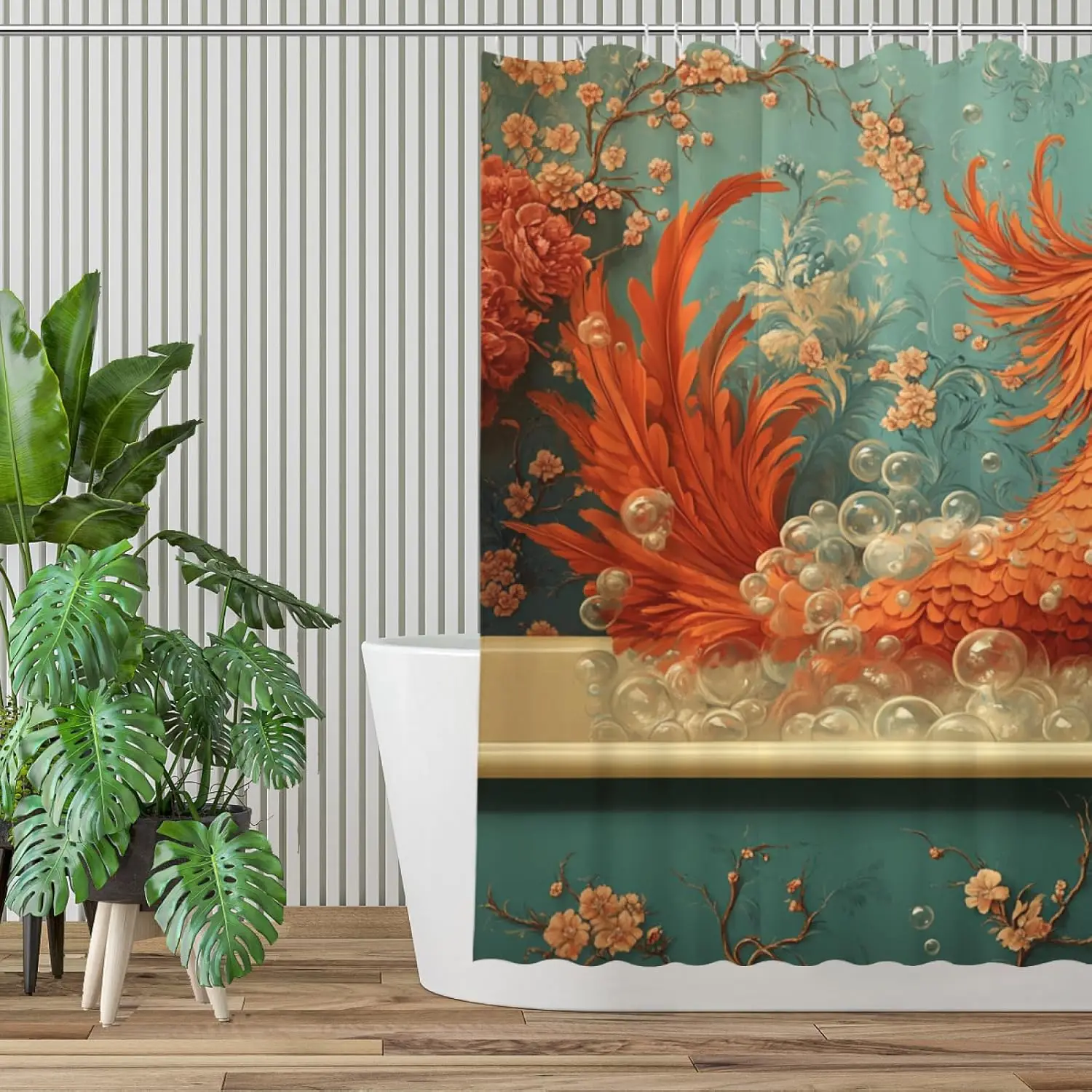 Funny Phoenix Bird Shower Curtain, Teal Green SPA Wine Print, Waterproof Bath Curtain Modern Aesthetic Bathroom Decor with Hooks
