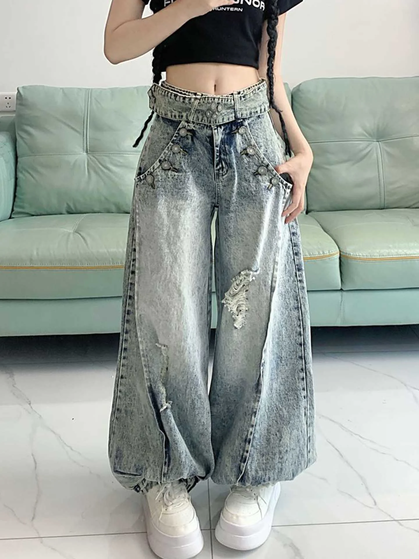 

American Design Loose Wide Leg Jeans Women Summer Drapey Trendy High Waist Long Pants Stand Fit Denim Jeans Casual Sle