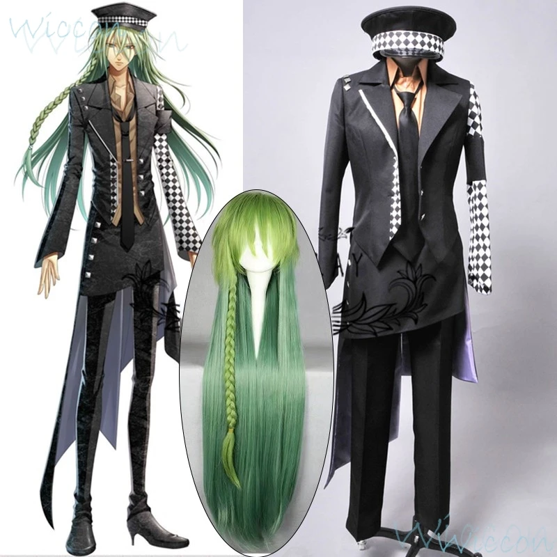

Ukyo Anime AMNESIA Cosplay Costume Green Long Wig Black Coat Hat Tie White Uniform Man Male Roleplay Suit Conmic-con Party Play