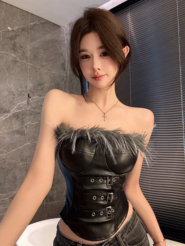 

Sexy Slim Fit PU Leather Vest High Waist Design Fake Fur Collar Single Wear Trendy Top for Young Women City Walk Autumn Wear