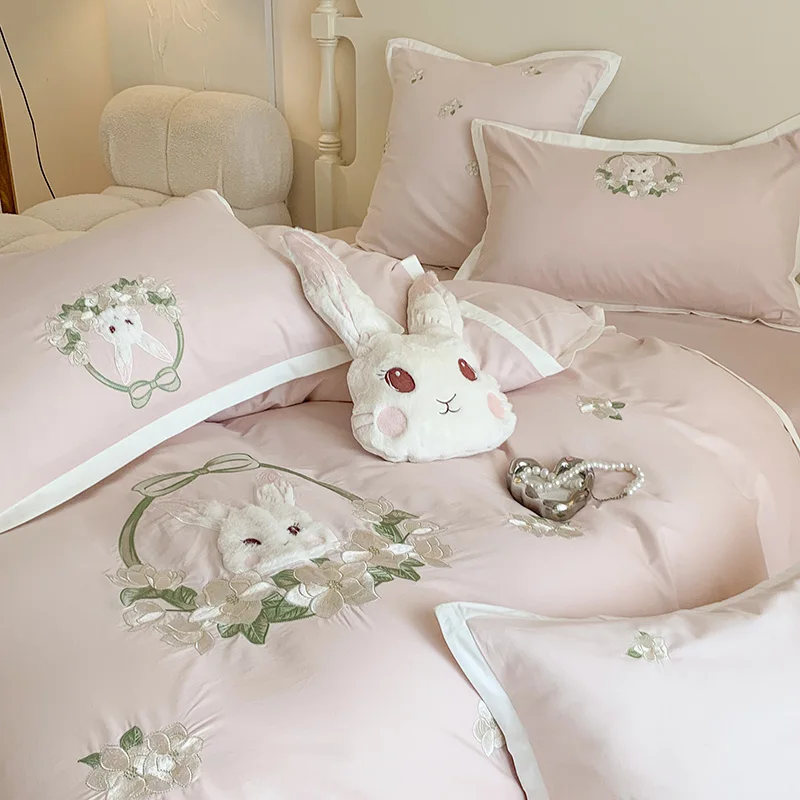 

Pink Cute Rabbit Flowers Embroidery Bedding Set Single Queen King Size Egyptian Cotton Brushed Duvet Cover Bed Sheet Pillowcases