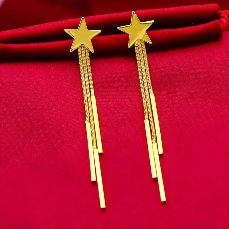 Gold 9999 gold star tassel earrings  real gold ear wire AU999  earrings ear hook pure gold earrings for women