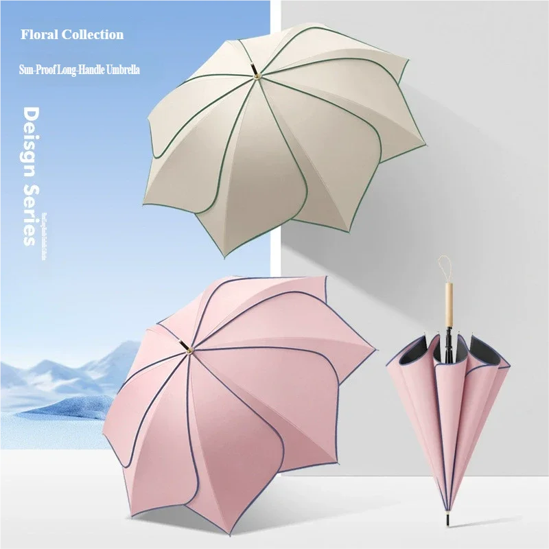High-value Petal Umbrella for Women, Dual-purpose for Sun and Rain, Straight Umbrella, UV Protection Sunshade Umbrella, Log Hand