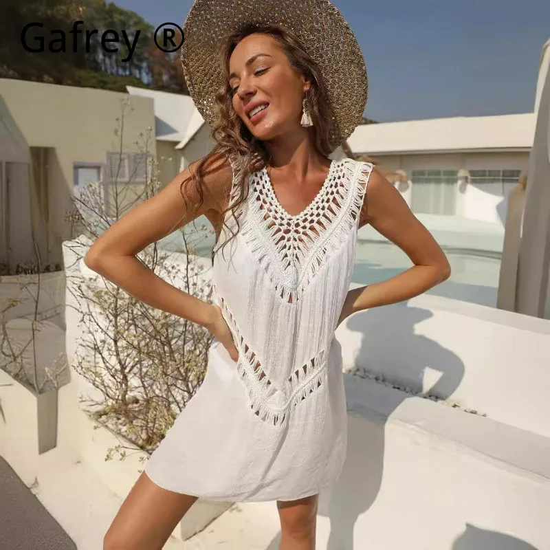 

Women's Crochet Splicing V Neck Tank Dress, A Line Beach Bikini Cover Up, Sexy Swimwear Coverup, Boho Summer Vacation Tunic