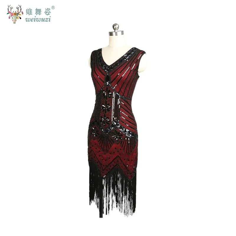 1920년대 여성 빈티지 드레스 V넥 민소매 비즈 스타일 고급스러운 연회 칵테일 파티 시퀸 태슬 이브닝 드레스
