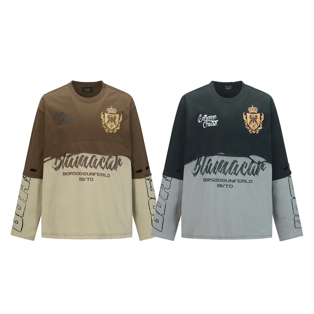 Camiseta Unissex Oversized de Manga Longa com Efeito de Duas Peças, Rasgada, Recortada, Desgastada e com Patchwork em Camadas
