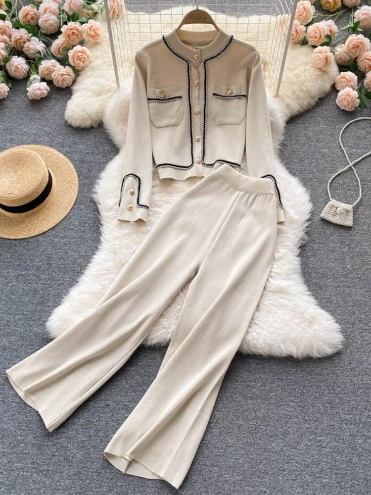 Knitted Two Piece Set Women Autumn Winter Single Breasted Cardigan Top High Waist Wide Leg Pants Vintage Sutis Female Tracksuits