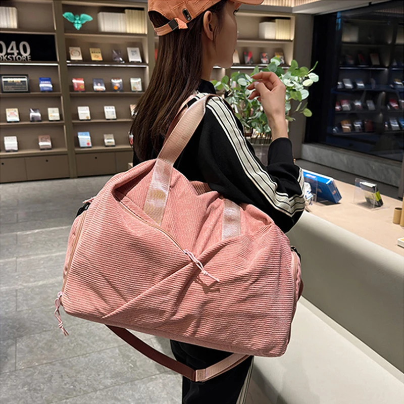 Women Sport Yoga Gym Bag Corduroy Large Capacity Separation of Wet and Dry Waterproof Fashion Fitness Training Duffel Bag XA143B