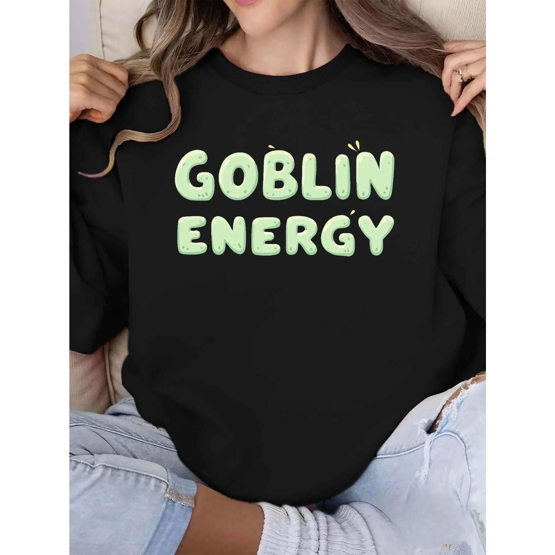 

Funny Goblin Energy Sweatshirt, Women's Oversized Kawaii Graphic Pullover, Cozy Streetwear Crewneck Top