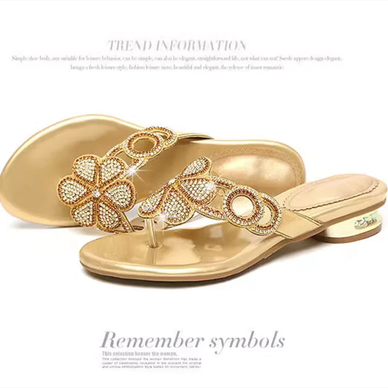 Women Luxry Small Heels 3cm Traveling Comfortable Slippers Crystal Flowers Slides Golden Low Price Choice Flip-Flops 35-41 Zoris