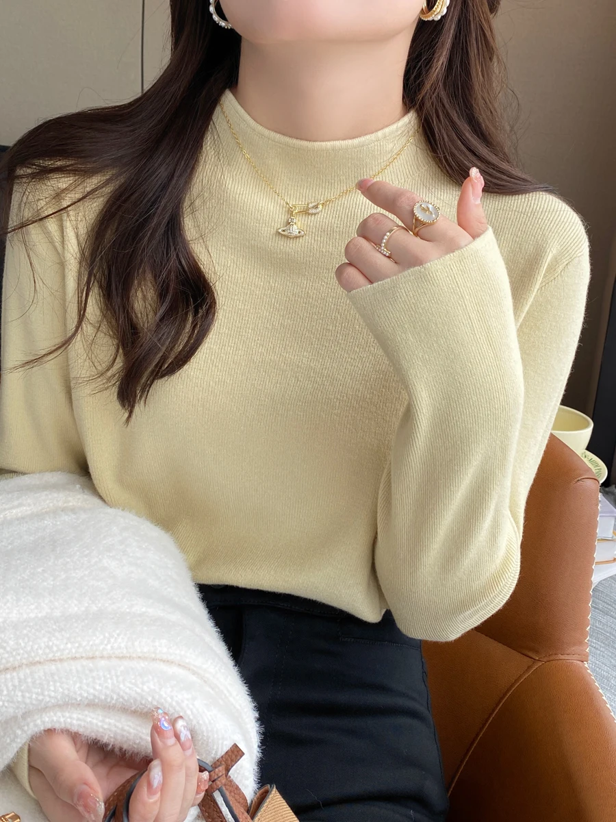 Pull tricoté femmes pulls nouveau à manches longues col montant blanc tricot pull haut pour femme chandails Sueters De Mujer Q997