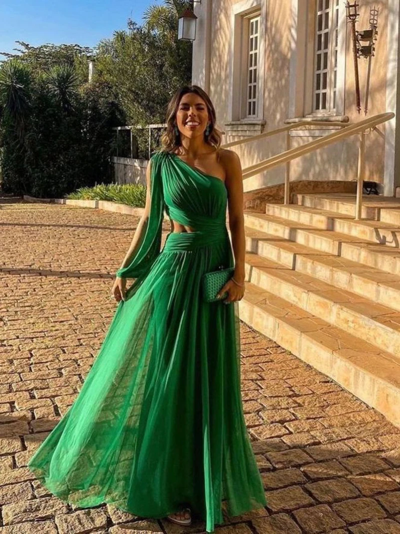 Fashion Green Ribbon Women Party Dress Sexy One Shoulder Hollow Out Evening Dresses Elegant Sleeveless Female Prom Vestidos Robe