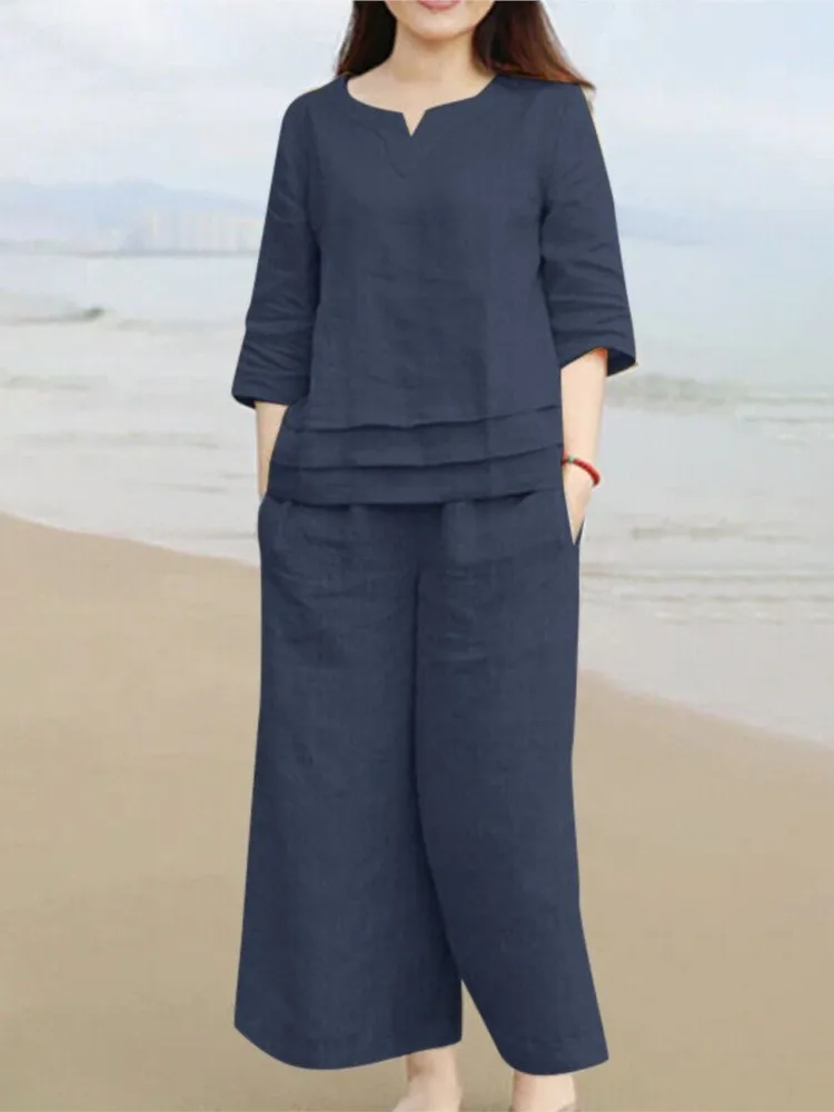 

Loose Solid Color Mid-sleeve Pocket Pants Two-piece Set For Women 2026 Spring And Summer New Fashion Casual Pants Suit Female