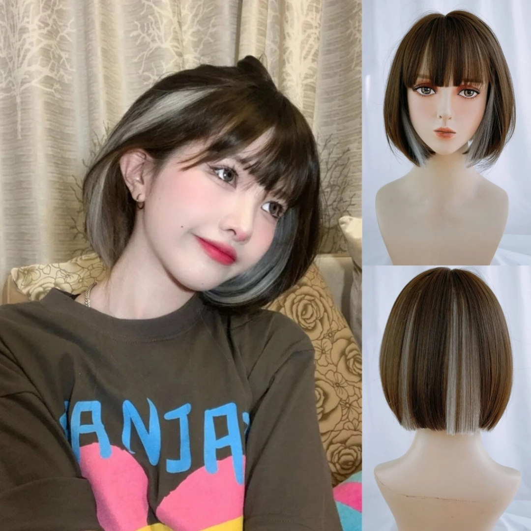 RANYU Synthetic Hair Short Straight Bobo Wig For Female Role Play Lolita Wig Princess Cut Purple Vertical Medium Long Hair Heat