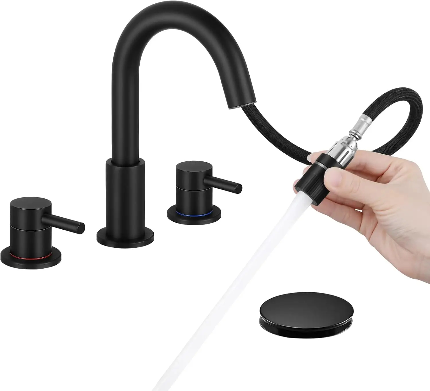 

Матовый черный выдвижной смеситель для ванной комнаты, 3 отверстия, смеситель для раковины с 2 ручками и выдвижным сливом, золотая отделка, ширина 8 футов