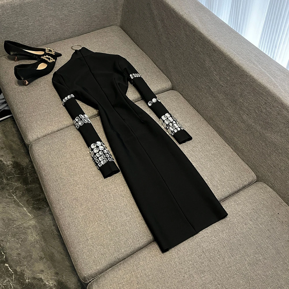 TWOTWINSTYLE Temperament Solid Slimming Dresses For Women Turtleneck Long Sleeve High Waist Elegant Dress Female New VDR791315
