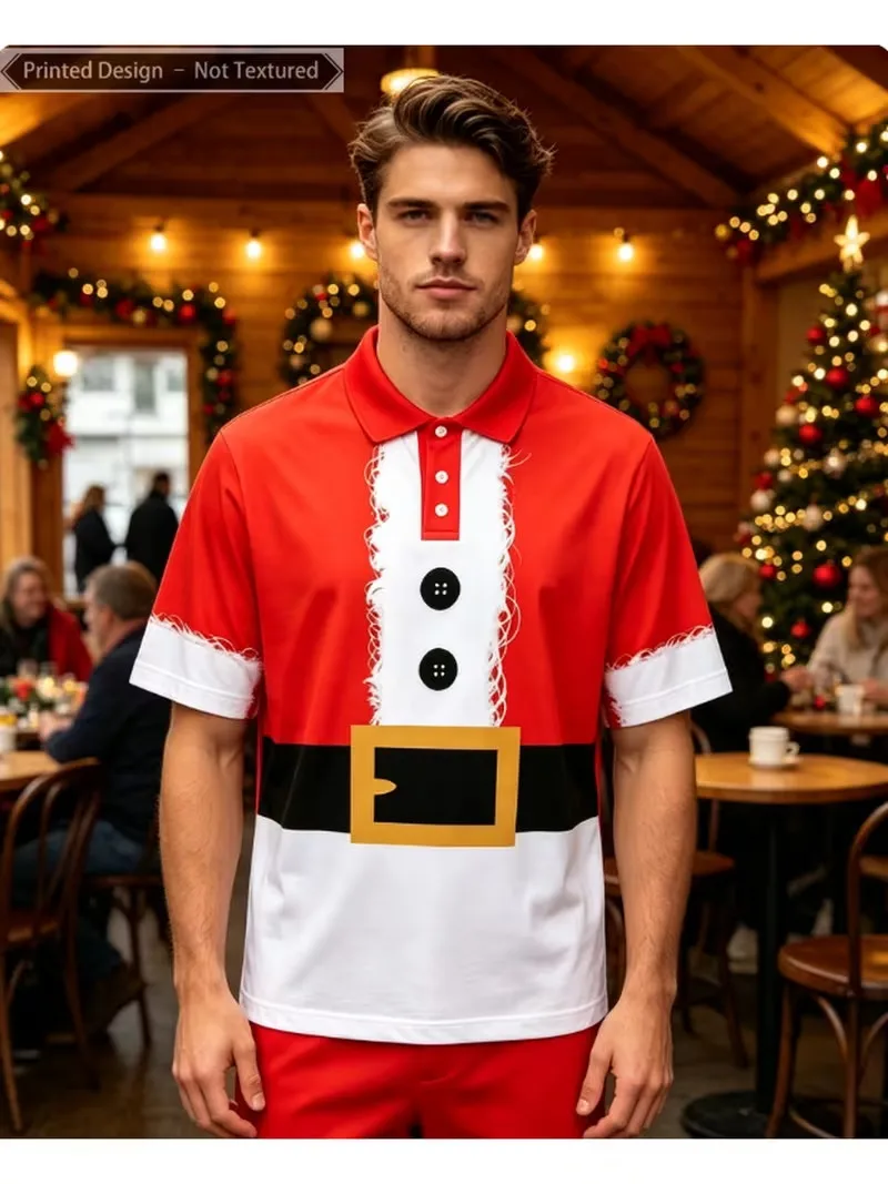 Men Santa Claus Costume Print Polo Shirt Short Sleeve Lapel Tops Red White Belt Design Xmas Party Casual Wear For Men