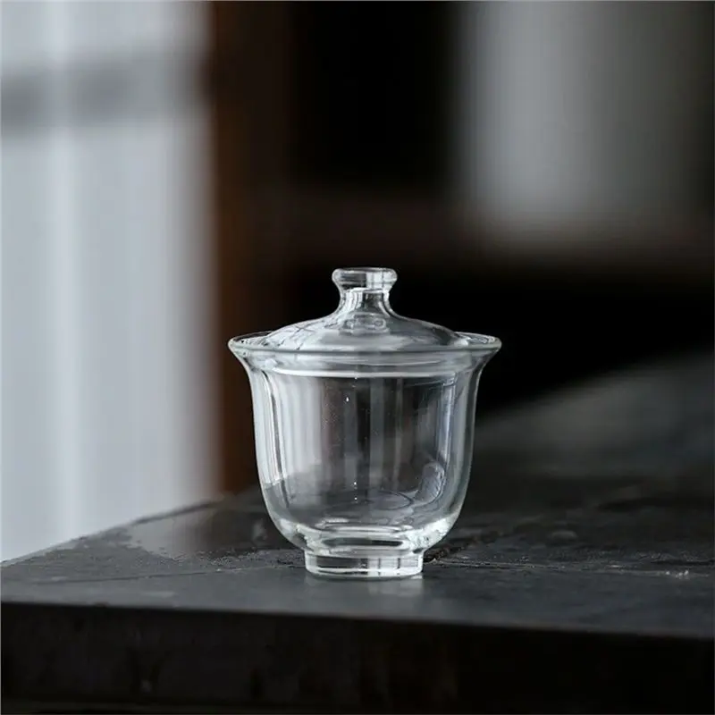B23B Tea Cover Bowl 80ML Transparent High Borosilicate Glass Tea Cup And Lid Heat Small Teacup Tea Set Accessory Acces
