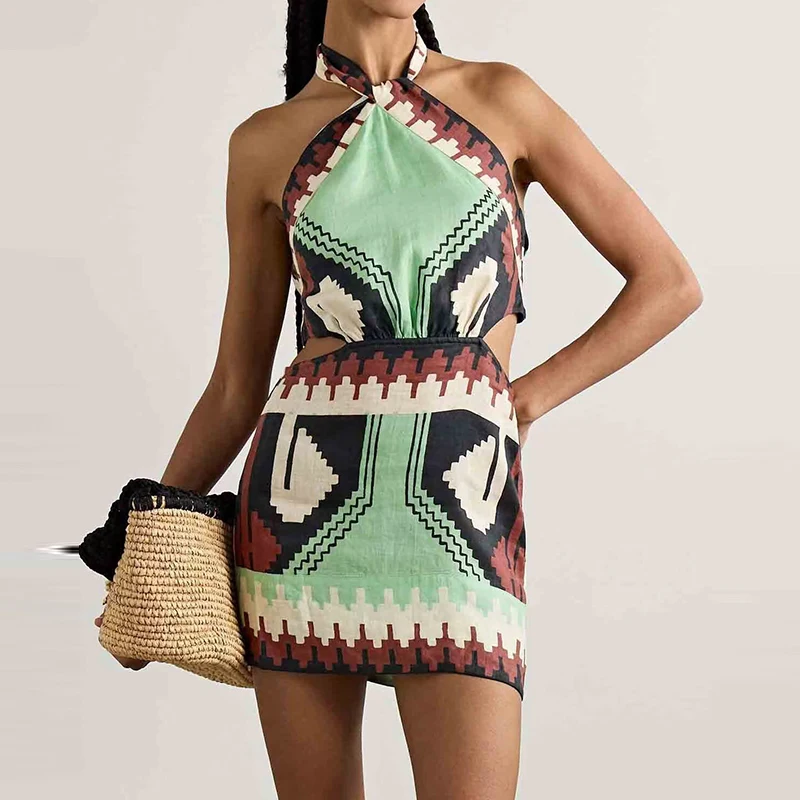 Fashion Pattern Print Halter Women\'s Dress Summer Sexy Hollow Backless Slim Short Dress Casual Sleeveless Lace Up Beach Dresses
