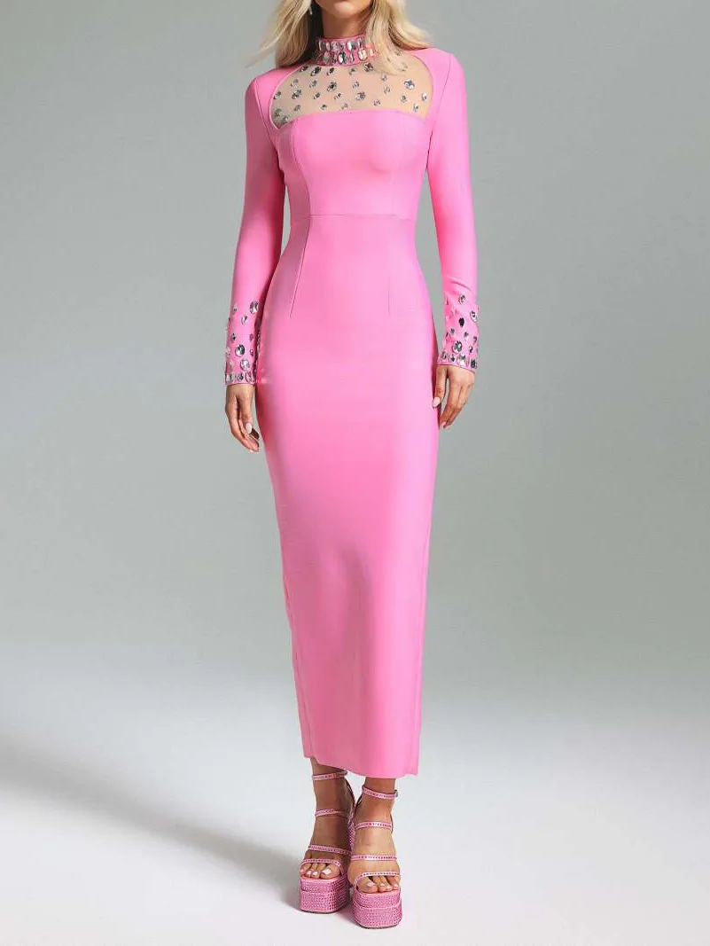 New Sexy Women Pink Long Bandage Dress Stand Collar Long Sleeved Sheer Nail Bead Decoration Bodycon Dress Evening Party Vestido