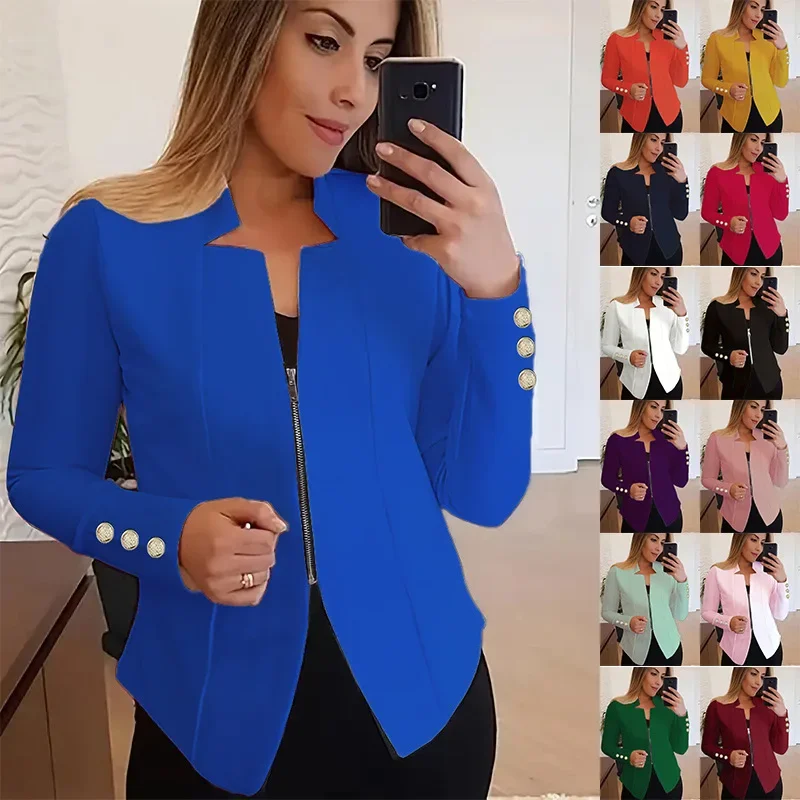 

New Fashion Women Casual Blazer Autumn Spring Female Zip Metal Button Long Sleeve Slim Workwear OL Coats